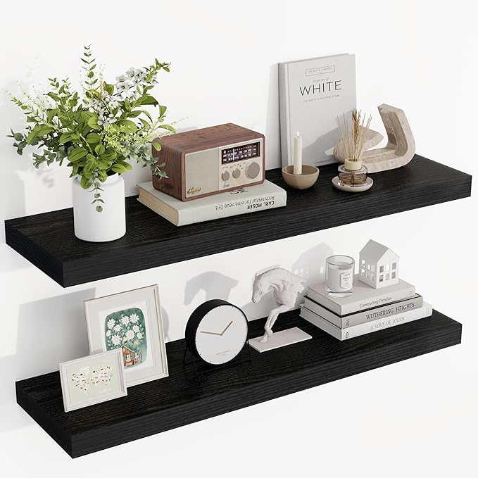 36 Inch Floating Shelves, 36"x9.25"x1.5" Inch Deep Floating Shelves for Wall, Wooden Shelves for Bathroom, Bedroom, Living Room, Black-CasaMuseHome