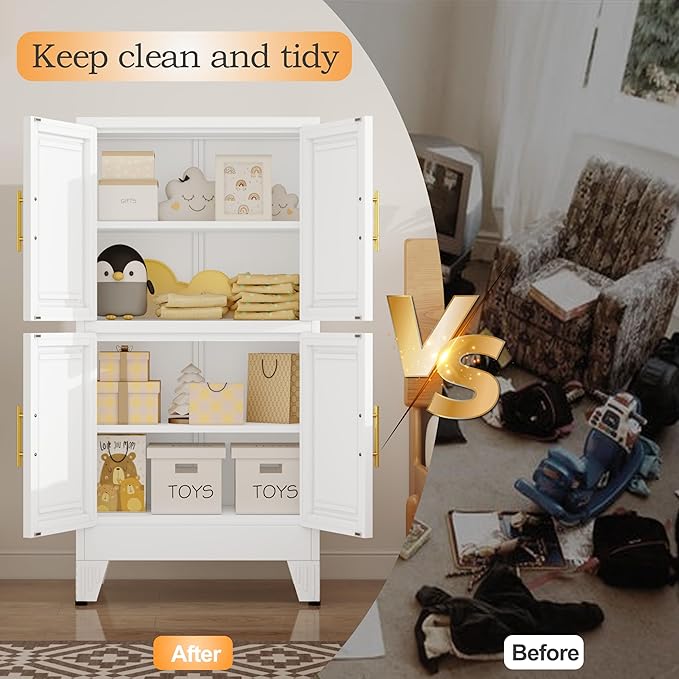 47.25" Metal Pantry Cabinet, Storage Cabinets with 4 Door and 2 Adjustable Shelves, White Bathroom Cabinet, Freestanding Cupboard for Kitchen Dining Living Room Bathroom-CasaMuseHome