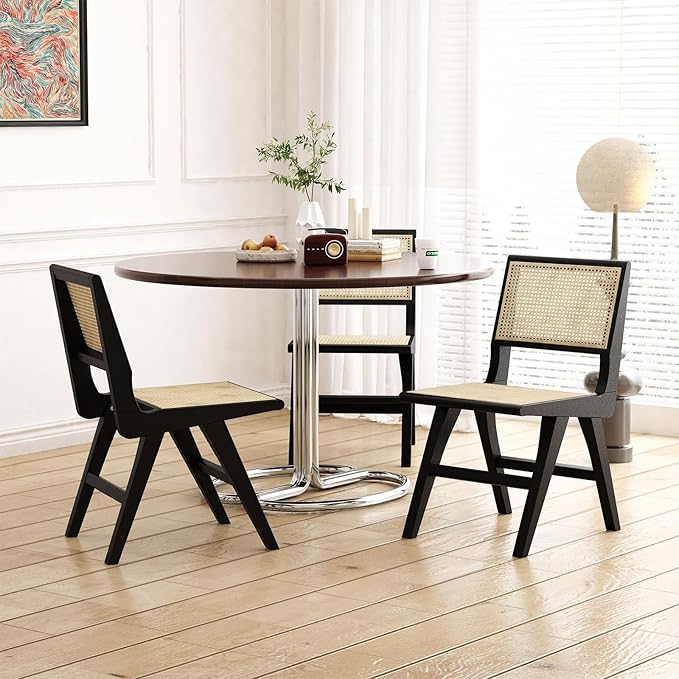 Accent Chair Dining Chairs Set of 2, Solid Wood Frame Boho Rattan Chair, Mid Century Modern Accent Chairs for Living Room Bedroom Dining Room Kitchen(Black)-CasaMuseHome