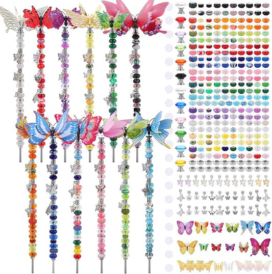380pcs Beaded Garden Stake, DIY Butterfly Fairy Wand Garden Stake Kit with 10IN Threaded Rod Crystal Stopper Top Large Holes Beads Butterfly Decoration Pendants Outdoor Fairy Garden kit-CasaMuseHome