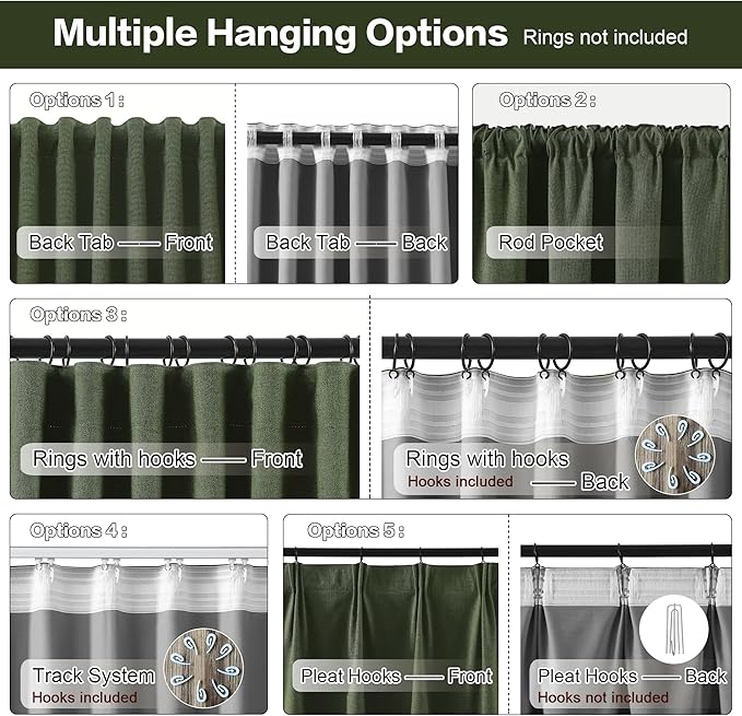 102 Inch Long Linen Blended Blackout Curtains 2 Panels, Back Tab Pleated Look Drapes for Track System with Hooks, Noise Reducing Country Blackout Winodw Curtains 50x102-Loden/Olive Green-CasaMuseHome