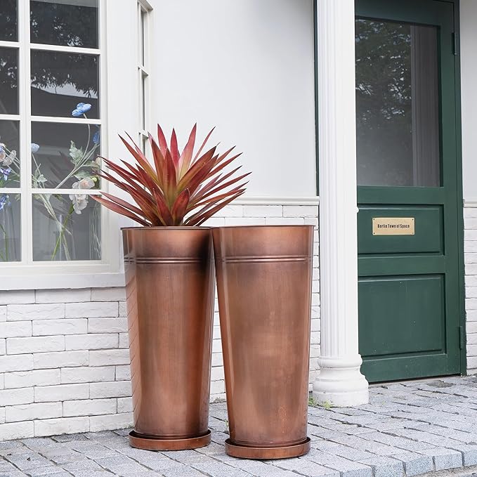 28in Tall Antique Copper Metal Vintage Planter Set of 2,Galvanized Steel Planter Pots for porches/Indoor/Outdoor/terraces Patio- Copper Color(2planters,2inner pots with Holes, 2trays)-CasaMuseHome