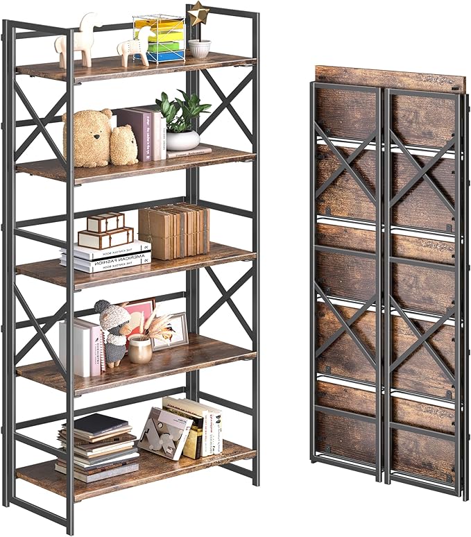4NM 5 Tiers No Assembly Book Shelves, 51.2" H Folding Bookshelf Bookcase Open Industrial Foldable Shelves for Bedroom, Living Room, Home Office - Rustic Brown Black-CasaMuseHome