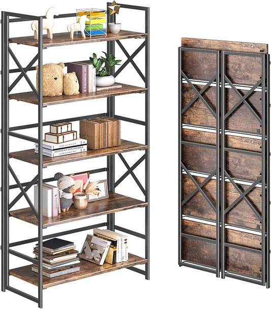 4NM 5 Tiers No Assembly Book Shelves, 51.2" H Folding Bookshelf Bookcase Open Industrial Foldable Shelves for Bedroom, Living Room, Home Office - Rustic Brown Black-CasaMuseHome
