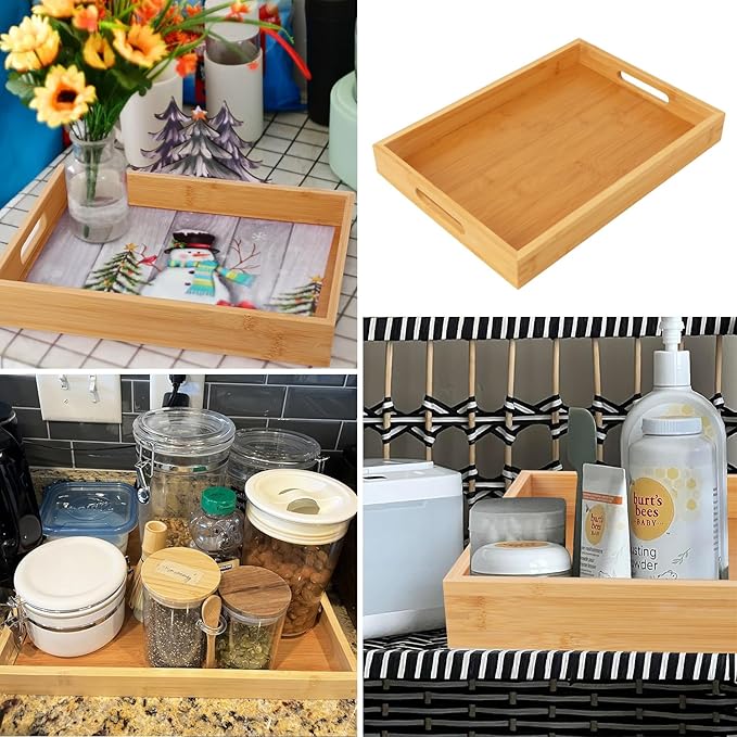 3 Pack Large Bamboo Serving Tray with Handles, 14 x 10 inch Wooden Dinner Tray, Home Kitchen Breakfast Trays for Living Room Bedroom Kitchen Dinner Table, Picnic-CasaMuseHome