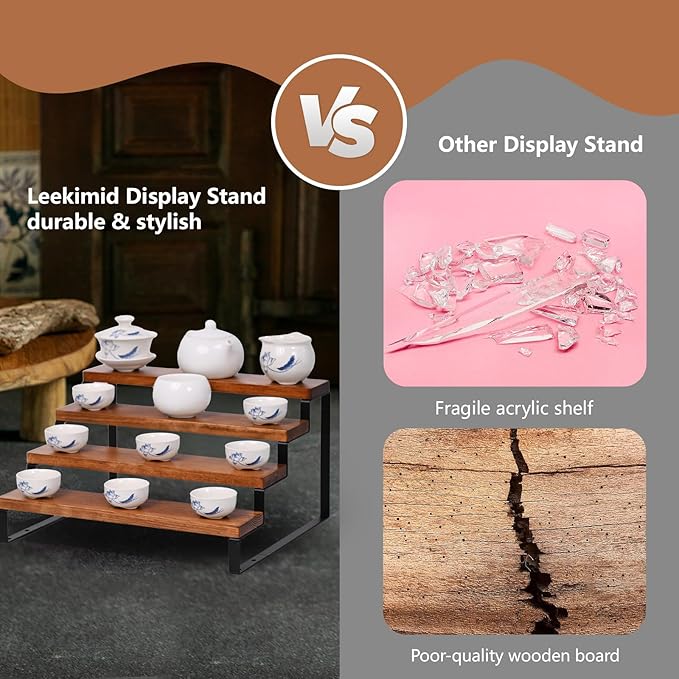 4 Tier Wooden Display Riser Stand Perfume Organizer with Metal Stand, Dessert Table Display Set, Food Display Stands for Party, Brown Rustic Solid Wood Shelf for Cupcakes, Perfume, Cologne, Spiece-CasaMuseHome