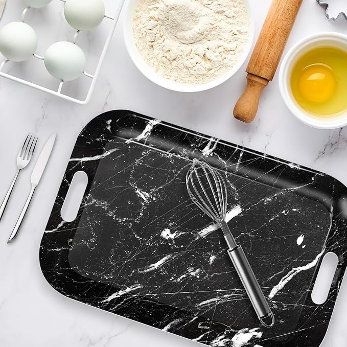 Serving Trays with Handles, 14.5 x 9.8 inch Rectangular Plastic Tray for Restaurant, Kitchen, Black Marble-CasaMuseHome
