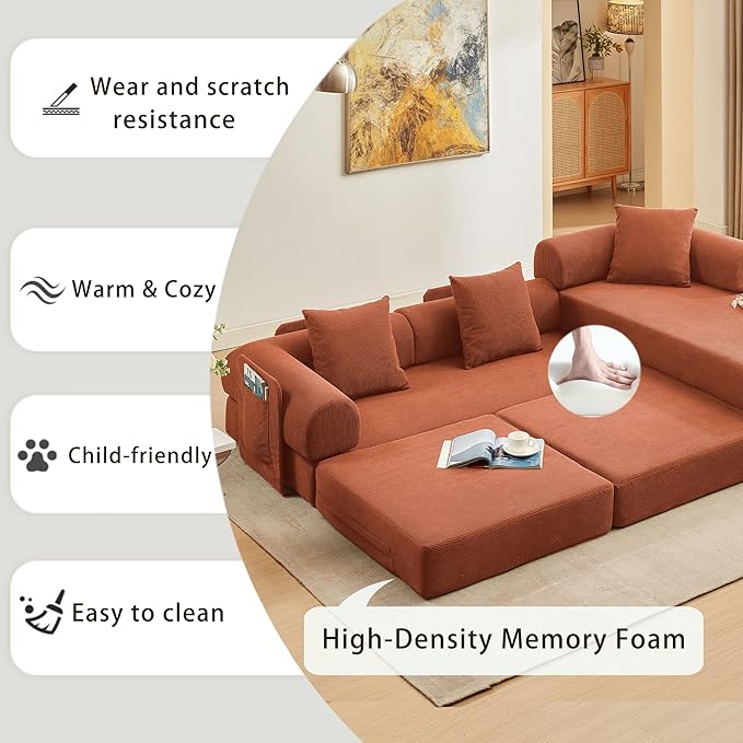 107" Oversized Convertible Sleeper Sofa Bed, Corduroy L Shape Sectional Couch, Folding Sofa Bed with Side Pocket, Modern Cloud Floor Mattress Couch, Modular Sofa for Living Room, Orange-CasaMuseHome