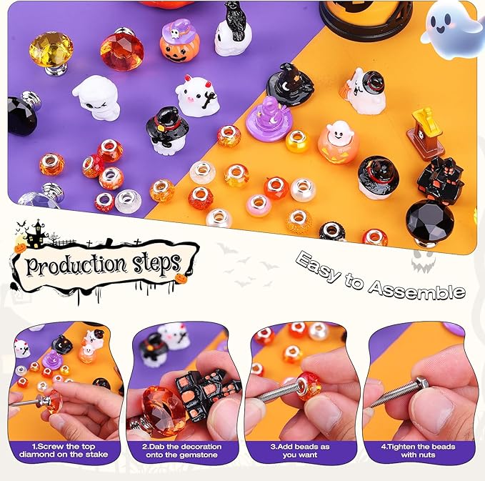 358PCS Halloween Beaded Garden Stakes, DIY Halloween Fairy Wand Garden Stake Decorative Kit with 12 in or 10 in Threaded Rod, Crystal Top, Large Holes Bead, Pendant for Outdoor or Indoor Decoration-CasaMuseHome