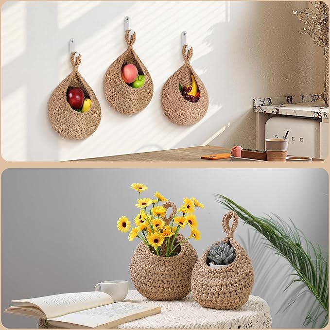 AARAINBOW Boho Wall Hanging Baskets for Kitchen Storage, Fruit Woven Wall Basket 9 Pcs, Hanging Vegetable and Onion Storage with 24 Hooks （Brown）-CasaMuseHome