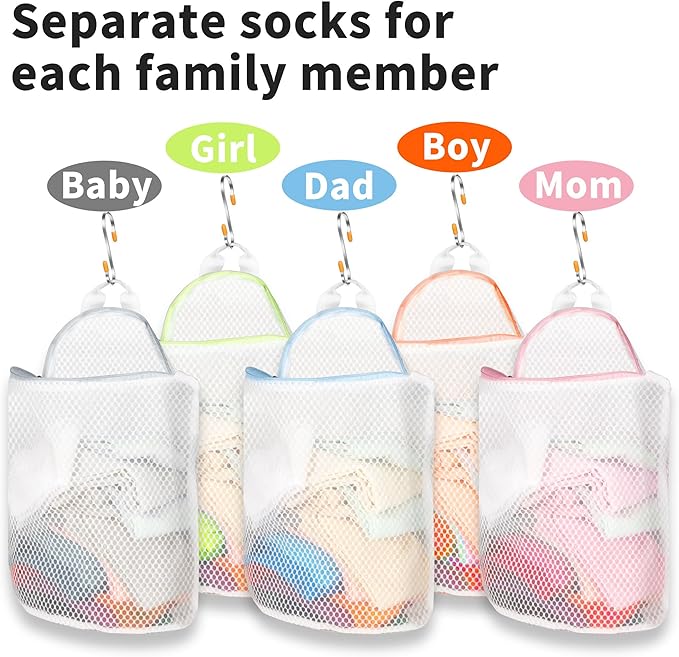 5Pcs Hanging Laundry Bags for Socks with S Hooks, 5 Color Mesh Laundry Bags for Washing Machine-CasaMuseHome