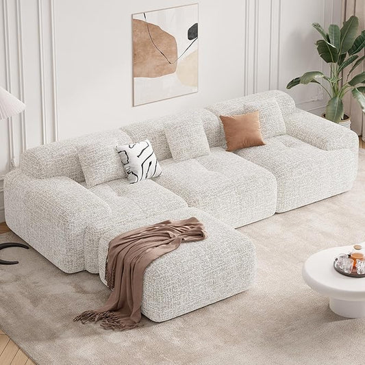 122" Modern L Shaped Modular Sectional Sofa, Boneless Couches for Living Room with Ottoman,4 Seater Convertible Chenille Cloud Couch Sofa Set, No Assembly Required, Beige 1 PCS-CasaMuseHome