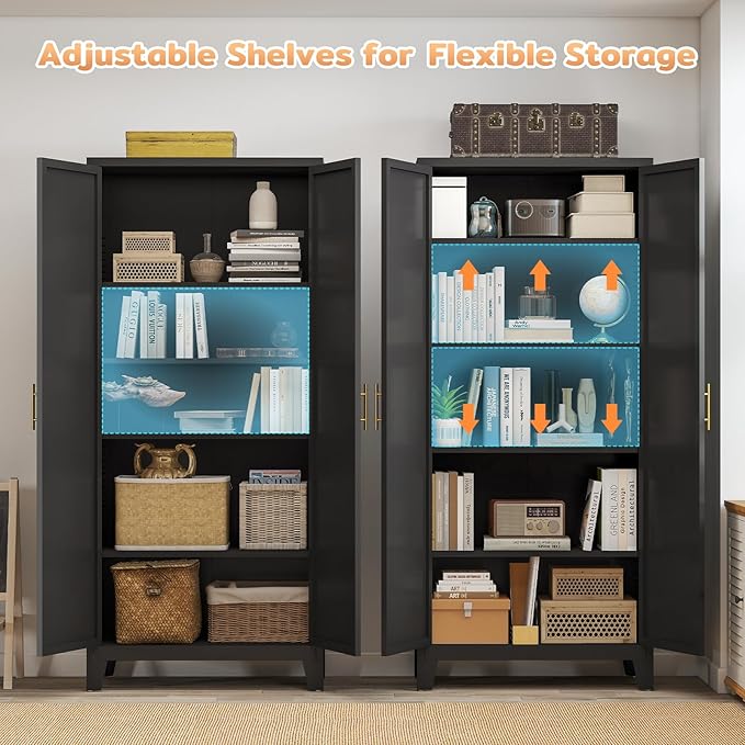 70.87" H Metal Kitchen Pantry Cabinet, Freestanding Cupboard with 2 Doors and 4 Adjustable Shelves, Tall Metal Storage Cabinet for Kitchen, Bathroom, Dinning Room or Laundry Room （Black）-CasaMuseHome