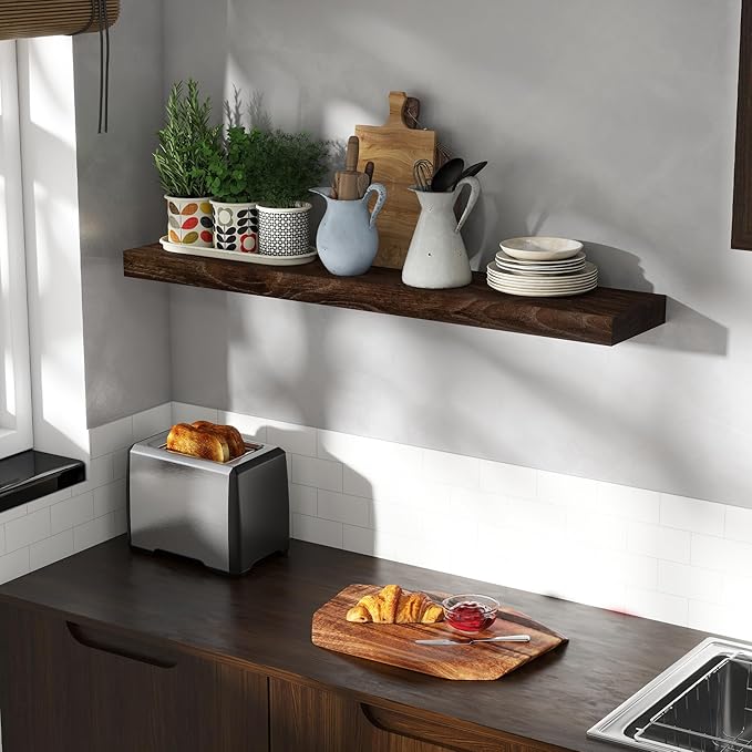 40 Inch Floating Shelves for Wall, Rustic Elm Wood Shelf for Home Decor, Heavy-Duty Wooden Floating Shelves for Kitchen, Wall Mounted Storage Shelves for Bathtoom, Living Room, Walnut Color, Set of 1-CasaMuseHome