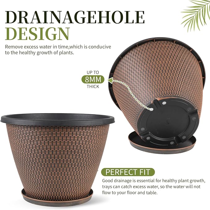 16 inch Plant Pots, Large Planters for Outdoor Plants Set of 4, Round Plastic Flower Pots with Drainage Holes & Trays, Modern Decorative Indoor Garden Pot, Plant Container for House (Black Copper)-CasaMuseHome