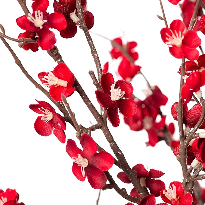 4Pcs Cherry Blossom Branches Artificial Flowers for Spring Summer Indoor Decoration,Faux Long Stem Artificial Flowers for Wedding Home Office Bedroom Party Table Centerpieces Decor(Red)-CasaMuseHome