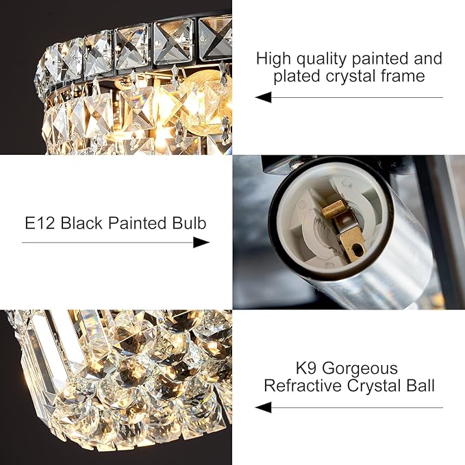 4-Light Black Crystal Chandeliers Flush Mount Chandelier Light Fixture with K9 Crystals Modern Ceiling Lights Elegant Round Lamp for Bedroom,Hallway,Bar,Living Room,Dining Room,H5.9 xW13.7-CasaMuseHome