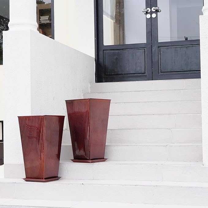 22in Vintage Handmade Metal Vertical Lines Copper Tapered Planters,Planter Box with Drainage Holes and Saucer -Set of 2, Galvanized Steel Planter for Indoor/Outdoor/Porch/Garden-CasaMuseHome