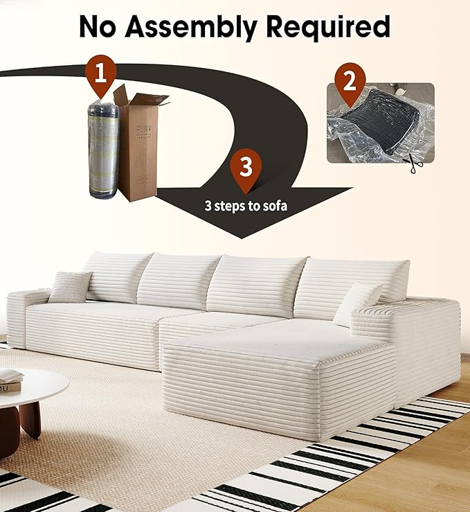 136" Sectional Couches for Living Room Modern Modular Sofa with L-Shape Couchs Upholstered Boneless Couch Deep Seat Sectional Couch with Chaise (White, Right Facing Chaise+3Seaters)-CasaMuseHome