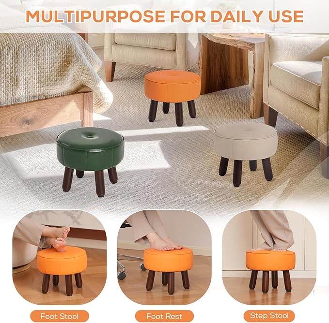 13in Small Foot Stool Ottoman, Round Faux Leather Foot Rest for Couch, Under Desk Pouf Footstool Footrest with Non-Skid Rubber Legs for Ling Room, Bedroom, 13''L x 13''W x 10.2''H, Orange-CasaMuseHome