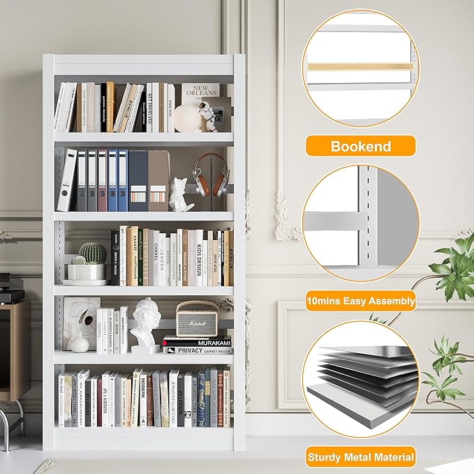 61" H Metal Bookshelf, 5 Tier Adjustable Bookshelf, White Small Bookcase, Bedroom Bookshelves and Bookcases, Modern Book Shelf for Living Room, Office, Easy Tool-Free Assembly-CasaMuseHome