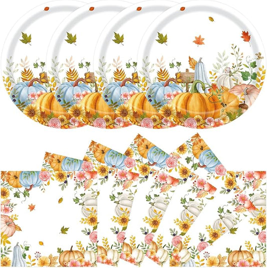 40Pcs Fall Paper Plates and Napkins Party Supplies, Disposable Thanksgiving Pumpkin Flower Wreath Plates Napkins Dinnerware Set for Autumn Theme Party Decorations (Fall)-CasaMuseHome