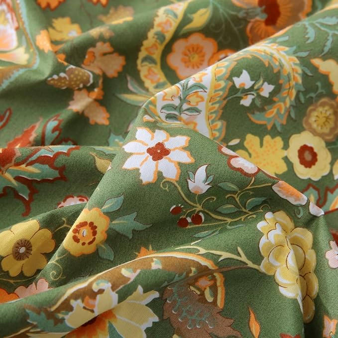 ABREEZE Paisley Bedding Sets 3Pcs Brushed Cotton Duvet Cover Set King Size Rustic Damask Green Floral Comforter Cover with Zipper Closure Boho Bedding Collections-CasaMuseHome