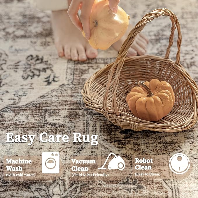 6'x9' Area Rug - Vintage Persian Medallion Design Low-Pile Faux Wool Rug, Non-Slip Backing, Machine Washable, for Living Room, Dining Room, Bedroom (Cream/Taupe)-CasaMuseHome