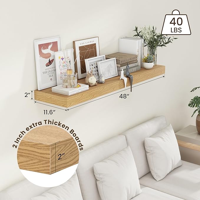 12 Inch Deep Floating Shelves for Wall, 48W x 12D Rustic Oak Wood Floating Shelves, Large Floating Shelves Set of 1 for Living Room Bathroom Laundry Room Bedroom Kitchen Home Office - Oak-CasaMuseHome