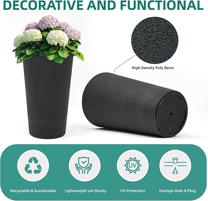 24" Tall Planters for Outdoor Plants, Set of 2 Heavy-Duty Resin Flower Pots, Matte Black Leather Grain Finish, Durable & Weather-Resistant, Ideal for Garden, Patio, Yard, Porch, or Home Use-CasaMuseHome