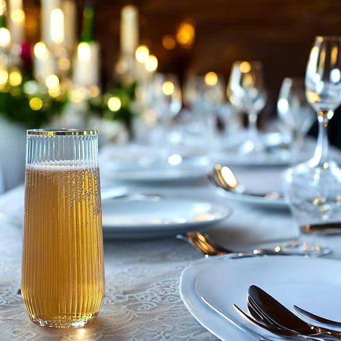 48 Pack Ribbed Ripple Stemless Toasting Glasses, Origami Durable 9 Oz BPA-Free Disposable Plastic Champagne Flutes for Weddings, Bars, Events, and Celebrations (Gold Rim)-CasaMuseHome