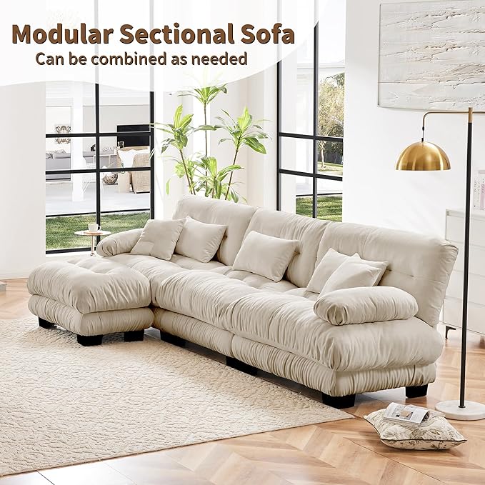 L Shaped Couch Sectional Couch, 3-Seater Cloud Couch Sectional Oversized Couch, Sofa Bed Couch with Round Bolster Armrests 5 Pillows, Modular Couch Home Sofa Living Room Couch-CasaMuseHome