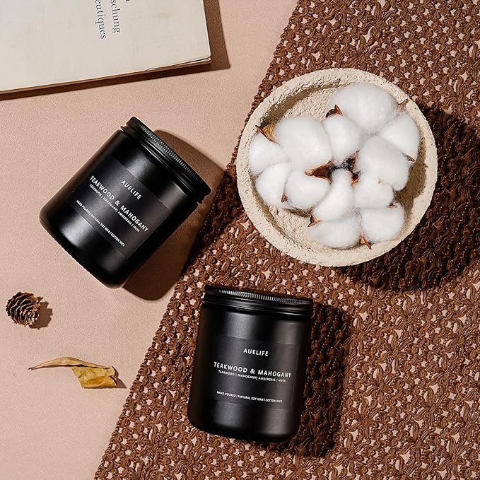 2 Pack Teakwood & Mahogany Candle | Scented Candles for Men, Man Gifts for Men - Masculine Candles - Soy Candle for Home Scented - 7oz Black Jar, Long Lasting-CasaMuseHome