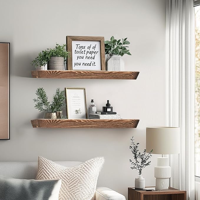 24"x6.8"x1.6" Slanted Floating Wall Shelves 2-Pack - Rustic Brown Finish, Heavy-Duty Solid Wood Design with Hidden Brackets - Perfect for Living Room, Kitchen, Bathroom, or Office-CasaMuseHome