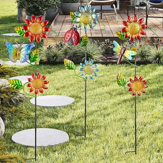 3 Pcs Sunflower＆Butterly＆Ladybug＆Dragonfly Decorative Garden Stakes,23.5 in Metal Sunflower Yard Art for Outside Decor,Spring Outdoor Decor for Mom,Women,Grandma-CasaMuseHome