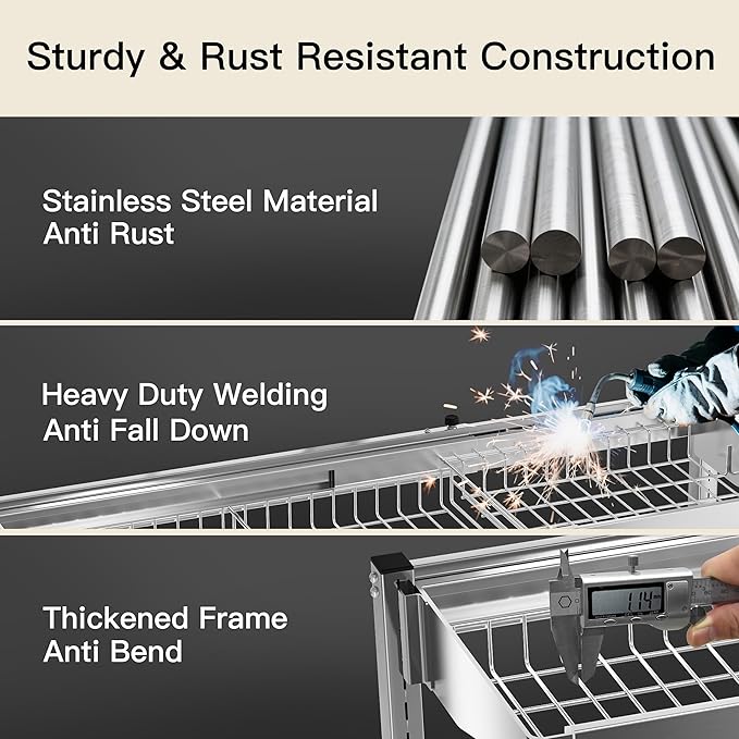 3 Tier Extra Large Stainless Steel Expandable Over The Sink Dish Drainer Drying Rack, Rust Proof Metal, Space Saving, Modern Silver Big Capacity Extendable Plate Strainers Above Kitchen Counter-CasaMuseHome