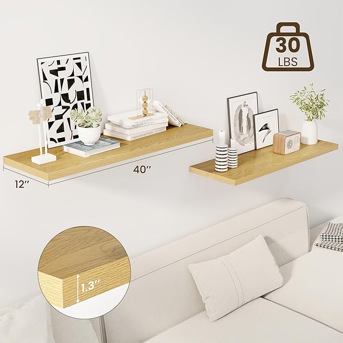 40" Floating Shelves for Wall, 12" Deep Slim Oak Floating Shelves, Wall-Mounted Shelves for Bedroom, Living Room, Kitchen, Bathroom - Set of 2-CasaMuseHome