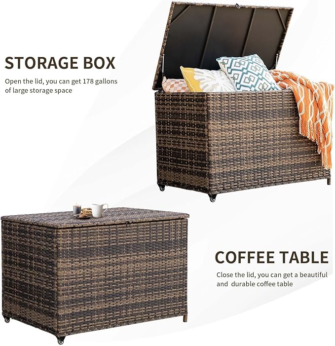 178 Gallon Outdoor Storage Box, Handle Large Portable Wicker Rattan Deck Box for Patio Furniture Cushions, Patio Deck Box with 2 WheelsThrow Pillows, Garden Tools and Pool Floats (Brown)-CasaMuseHome
