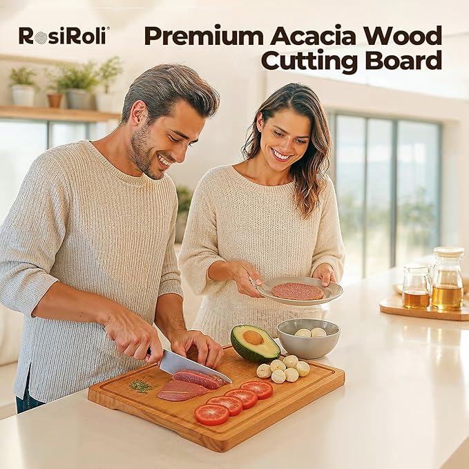 Acacia Wood Cutting Board for Kitchen, 3 Set with Holder - FSC Certified Large Wood Charcuterie Cheese Board with Handles and Juice Grooves, Wooden Chopping Block, Ideal Gift Set of 3 (S/M/L)-CasaMuseHome