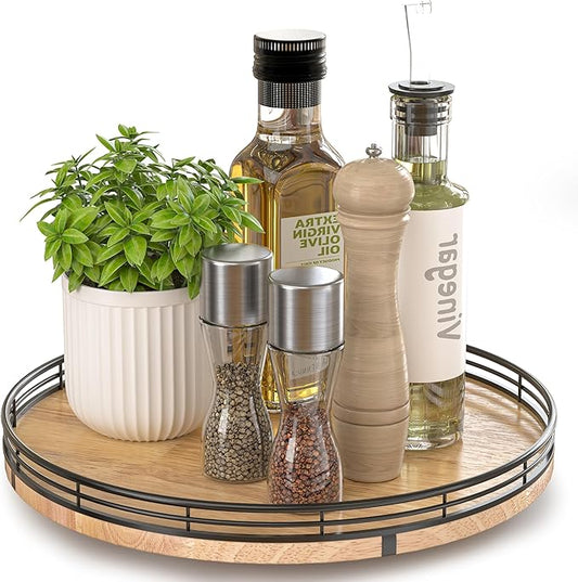 12" Lazy Susan Oak Wood Turntable Organizer for Cabinet, Farmhouse Round Wooden Lazy Susan Organization and Storage for Dining Table, Pantry, Kitchen, Bathroom, Countertop, Cupboard, Home Decor-CasaMuseHome