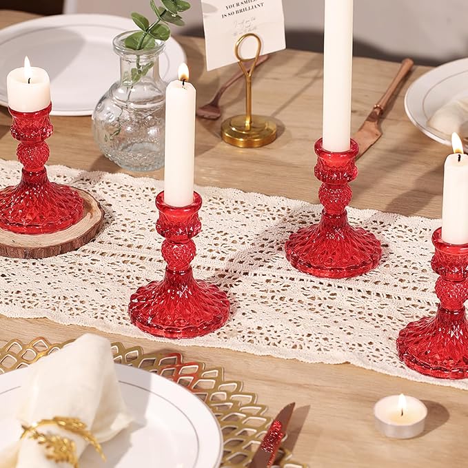 12Pcs Red Candlestick Holders Set- 4" H Taper Candle Holders Bulk, Glass Candle Holders for Activities, Party, Romantic Dinner Table Centerpieces, Festival Gifts & Windowsill Decor-CasaMuseHome