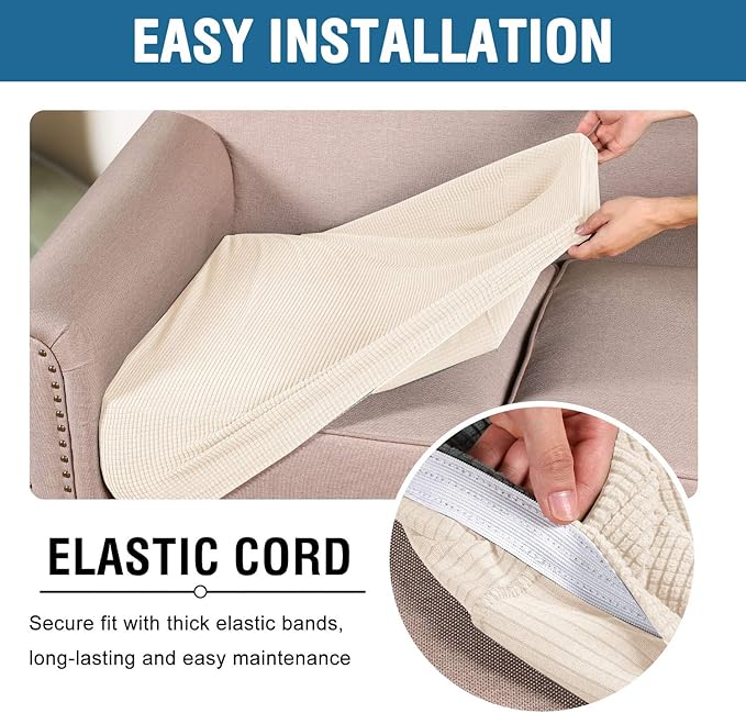 H.VERSAILTEX Super Stretch Individual Seat Sofa Covers Couch Slipcover Sets Thick Jacquard Textured Twill Fabric (3 Piece XL Sofa Cushion Covers, Natural)-CasaMuseHome