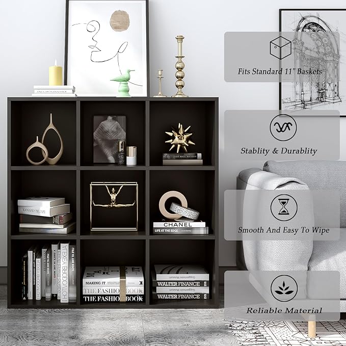 9-Cube Storage Shelf Bookcase - Wooden 3-Tier Free Standing Open Bookshelf for Home and Office, Organizer Cabinet in Black-CasaMuseHome