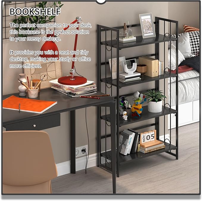 4NM No Assembly 4 Tiers Folding Bookshelf, 47.2" H Foldable Storage Shelves Vintage Bookcase Standing Racks Study Organizer Home Office - All Black-CasaMuseHome