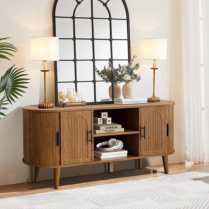 51" Fluted TV Stand, Mid-Century Modern Entertainment Center for Tvs up to 60" with Drawers and Fluted Doors, Curved TV Media Console Table with Sliding Doors for Living Room, Bedroom (51")-CasaMuseHome