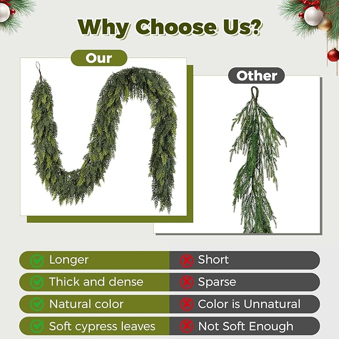 9 ft Christmas Garland, Cedar Garland, Real Touch Cypress Garlands, Green Artificial Greenery Garland for Mantel Indoor Outdoor Christmas Decorations-CasaMuseHome