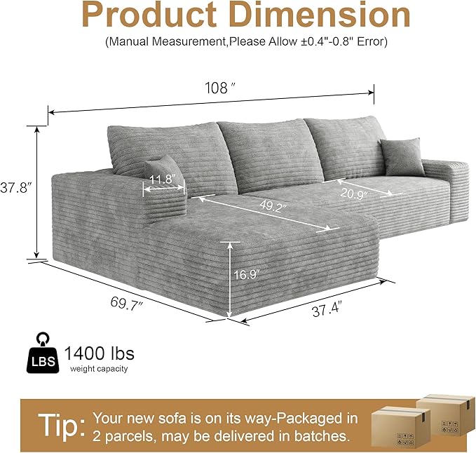 108" Sectional Couches for Living Room Modern Modular Sofa with L-Shape Couchs Upholstered Boneless Couch Deep Seat Sectional Couch with Chaise (Grey, Left Facing Chaise+2Seaters)-CasaMuseHome