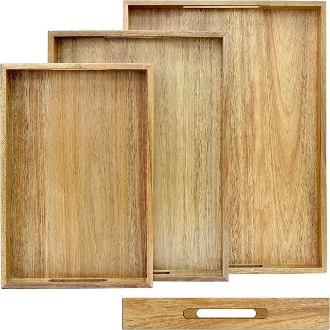 3 Pack Acacia Wood Serving Tray with Handles, Decorative Serving Trays Platter for Breakfast in Bed, Lunch, Dinner, Patio, Ottoman, Coffee Table, BBQ, Party, Great for Lap &Couch (Set of 3)-CasaMuseHome