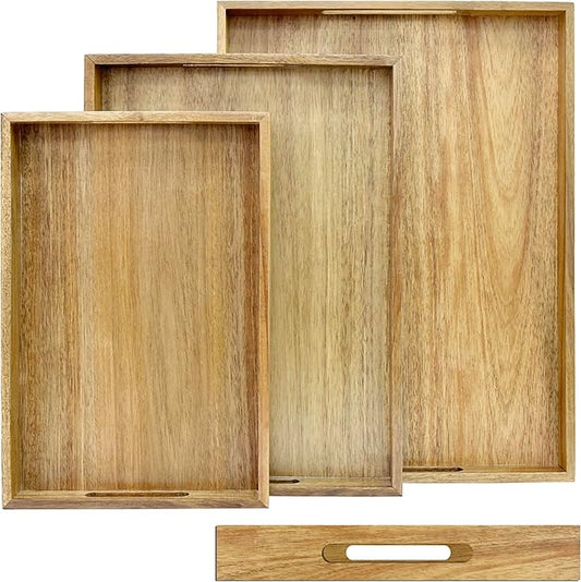 3 Pack Acacia Wood Serving Tray with Handles, Decorative Serving Trays Platter for Breakfast in Bed, Lunch, Dinner, Patio, Ottoman, Coffee Table, BBQ, Party, Great for Lap &Couch (Set of 3)-CasaMuseHome