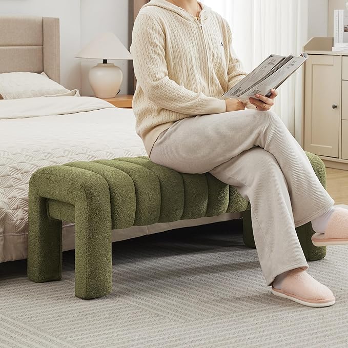 43.3" Bedroom Bench, Upholstered Entryway Bench, Modern End of Bed Ottoman with Solid Wood Legs and Adjustable Foot Pegs for Entryway, Dining Room and Living Room (Green Boucle)-CasaMuseHome